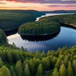 **AI-generated landscape image:** A serene Swedish landscape featuring a tranquil lake surrounded by lush green forests under a vibrant sunset. The style should resemble a professional stock photo, suitable for commercial use on platforms like Shutterstock.