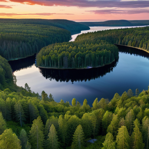 Home 15 **AI-generated landscape image:** A serene Swedish landscape featuring a tranquil lake surrounded by lush green forests under a vibrant sunset. The style should resemble a professional stock photo, suitable for commercial use on platforms like Shutterstock.