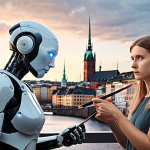 **

Prompt: "A Swedish illustrator, looking concerned but determined, standing side-by-side with a friendly, helpful AI robot. Both are holding paintbrushes and working on a digital canvas, blending human creativity with AI assistance. In the background, a cityscape of Stockholm with futuristic elements."

**