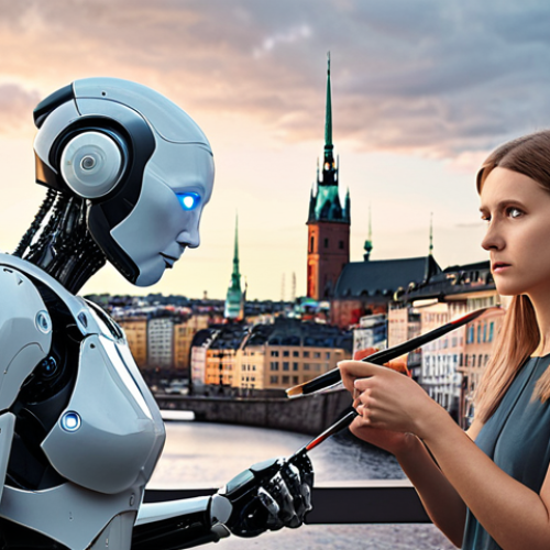 Home 14 **
Prompt: "A Swedish illustrator, looking concerned but determined, standing side-by-side with a friendly, helpful AI robot. Both are holding paintbrushes and working on a digital canvas, blending human creativity with AI assistance. In the background, a cityscape of Stockholm with futuristic elements."
**