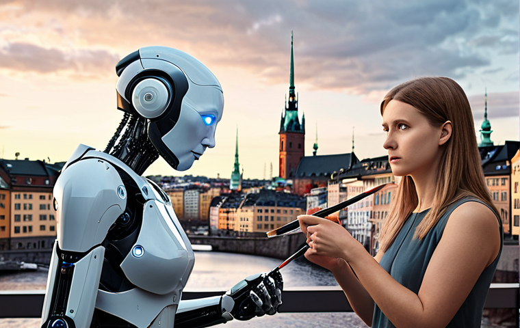 **
Prompt: "A Swedish illustrator, looking concerned but determined, standing side-by-side with a friendly, helpful AI robot. Both are holding paintbrushes and working on a digital canvas, blending human creativity with AI assistance. In the background, a cityscape of Stockholm with futuristic elements."
**