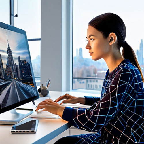 Home 7 A professional digital artist in modest contemporary clothing, seated at a sleek, minimalist desk. The artist is thoughtfully interacting with a tablet displaying abstract, AI-generated art patterns, symbolizing the blend of human and machine creativity. The setting is a brightly lit, modern design studio with large windows overlooking a city skyline. The studio is clean and organized, with abstract digital art subtly displayed on the walls. The image conveys a reflective, innovative, and forward-looking mood, with high-tech, clean aesthetics. Professional photography, high-resolution, detailed textures, soft lighting, vibrant colors, safe for work, appropriate content, fully clothed, professional dress, perfect anatomy, correct proportions, natural pose, well-formed hands, proper finger count, natural body proportions.