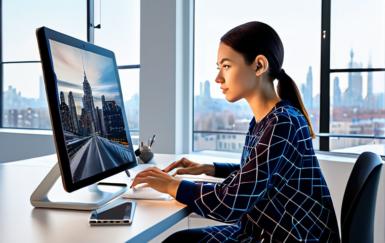 A professional digital artist in modest contemporary clothing, seated at a sleek, minimalist desk. The artist is thoughtfully interacting with a tablet displaying abstract, AI-generated art patterns, symbolizing the blend of human and machine creativity. The setting is a brightly lit, modern design studio with large windows overlooking a city skyline. The studio is clean and organized, with abstract digital art subtly displayed on the walls. The image conveys a reflective, innovative, and forward-looking mood, with high-tech, clean aesthetics. Professional photography, high-resolution, detailed textures, soft lighting, vibrant colors, safe for work, appropriate content, fully clothed, professional dress, perfect anatomy, correct proportions, natural pose, well-formed hands, proper finger count, natural body proportions.